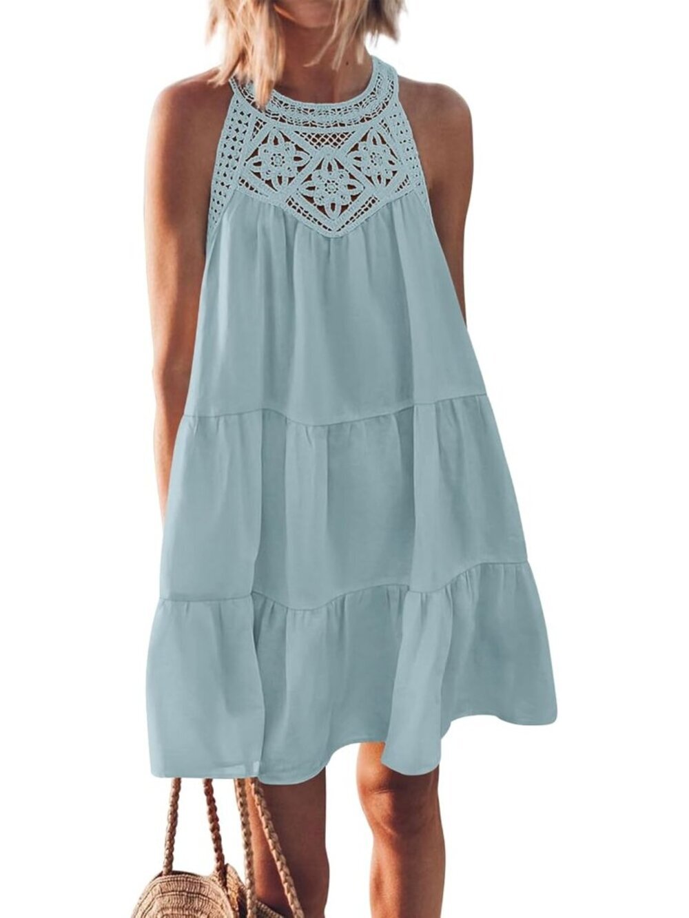 Women's Green Spring Boho Fashion Halter Neck Sleeveless Loose A-Line Mini Beach